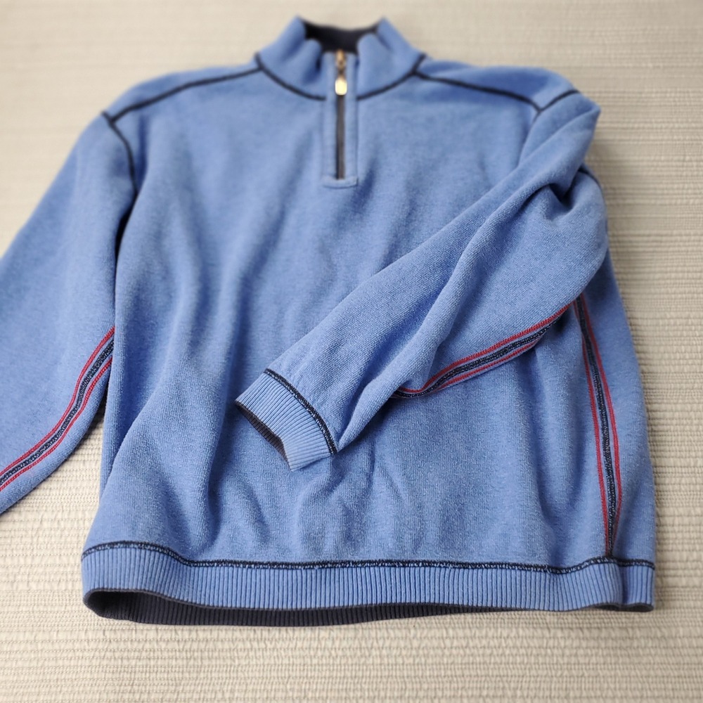 Tommy Bahama Quarter Zip Pullover M Navy Blue Reversible 100% Cotton Sweater